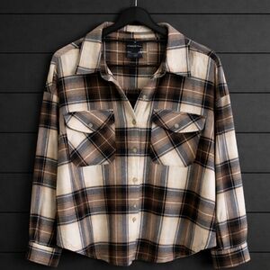 Plaid Button-Up Shacket Soft in Brown and Cream